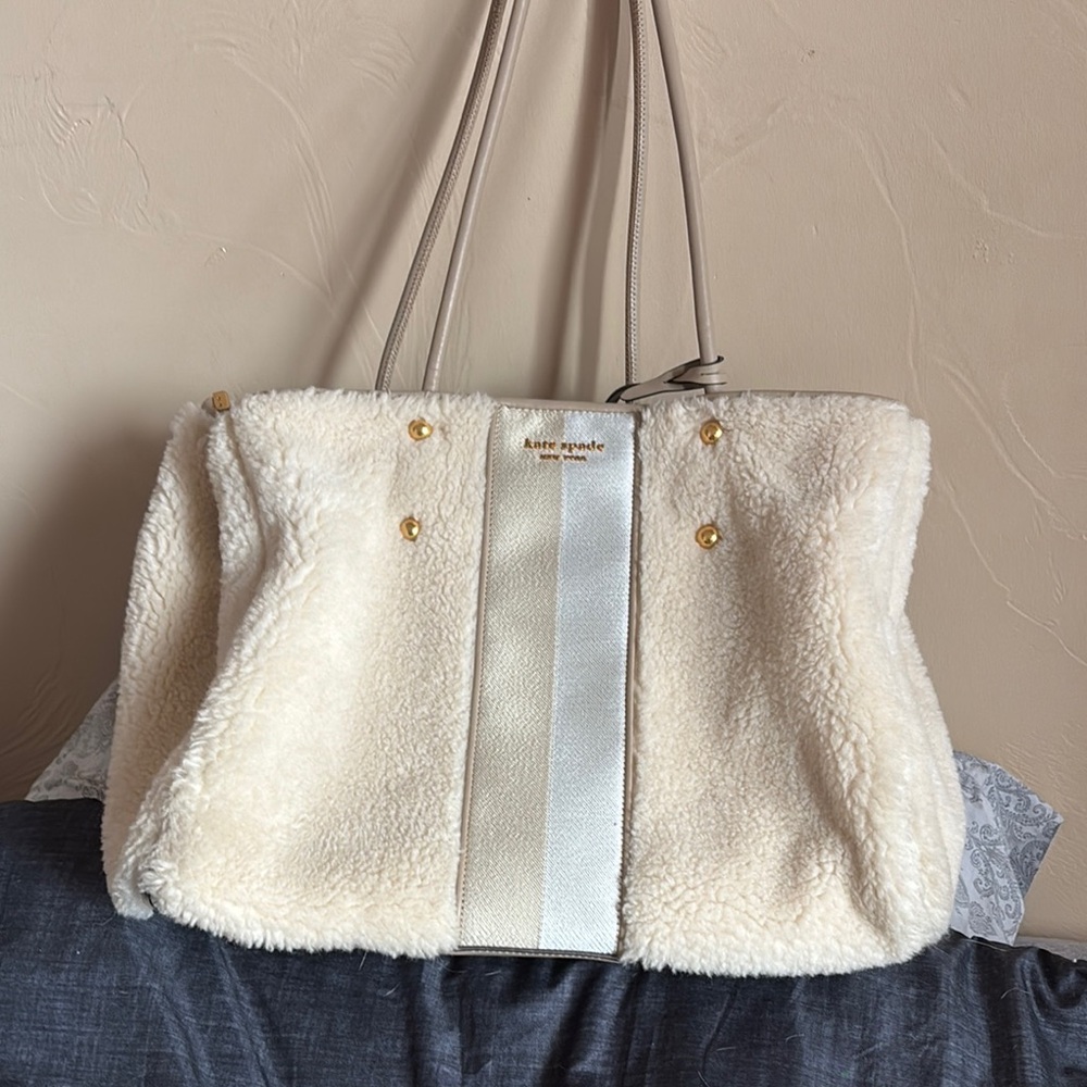 Kate Spade Cream Tote Bag Racing Stripe Faux Sheepskin